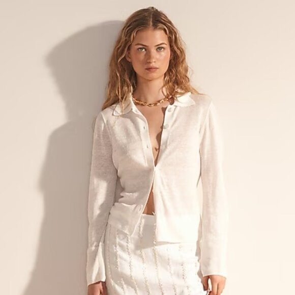 J. Crew Sweaters - NEW J. Crew Linen Collared Button-Up Sweater in Ivory,  Style CJ444, Size XS